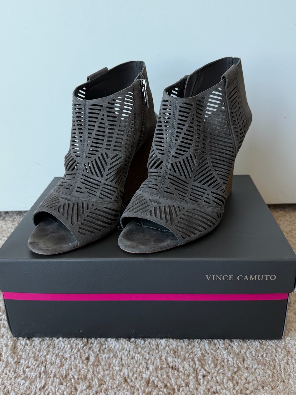Vince Camuto Charcoal Gray Laser-Cut Peep-Toe Wedge Booties